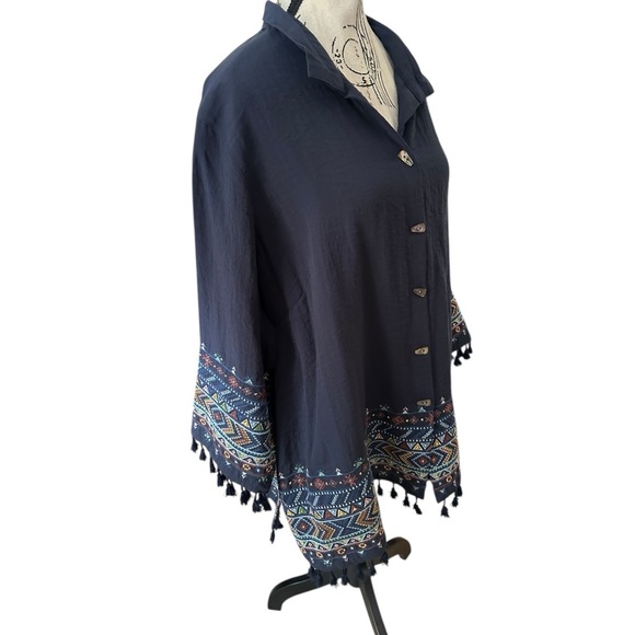 John Mark Embroidered Tassel Hem Button Front Blouse Navy 0X Plus Sz Boho Aztec - Picture 13 of 16